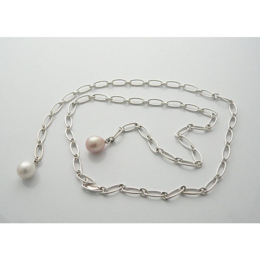 Tiffany & Co. Elsa Peretti SPAIN Sterling Oval Link Chain Tassel Pearl Necklace